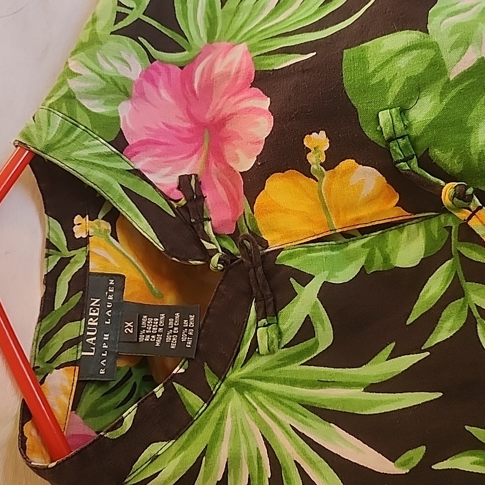 Lauren Ralph Lauren Womens Linen 2X Hawaiian Floral Top Mandarin Collar Toggle